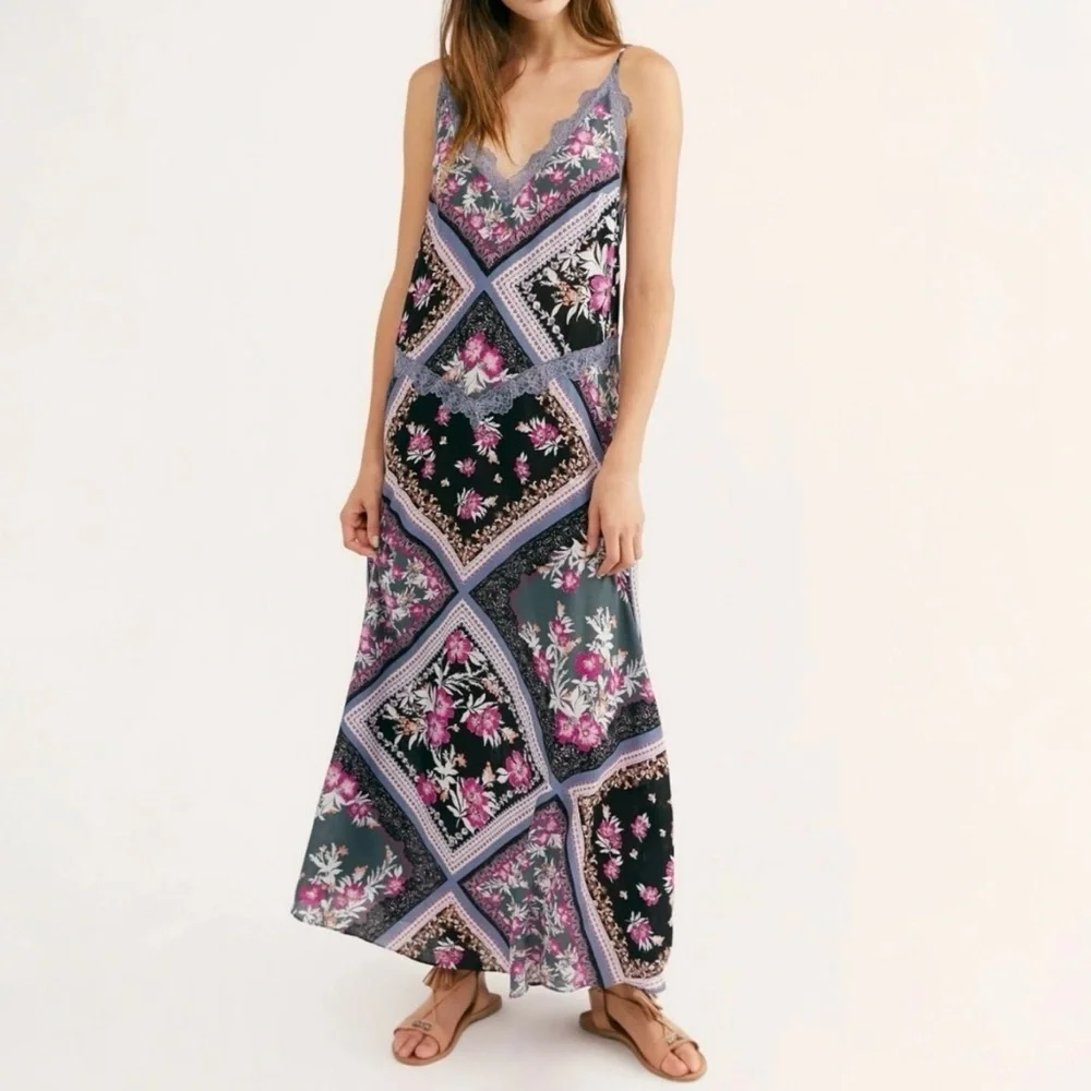 NWT Free People Intimately Stevie Printed Maxi Slip Dress Size S Graphite Combo